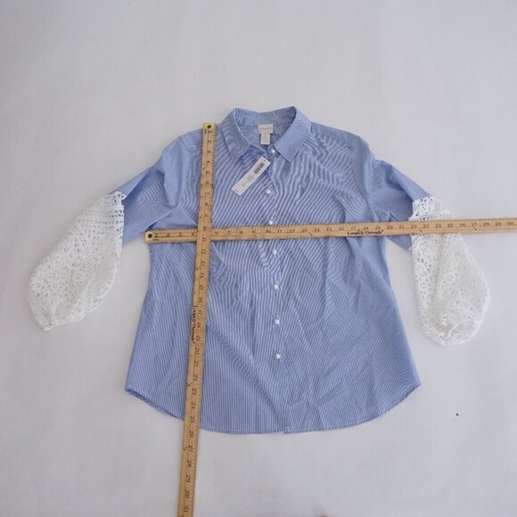 Chico's Blue White Stripe Lace Balloon Sleeve Button Up Cotton Blend Shirt 1P - Picture 2 of 12